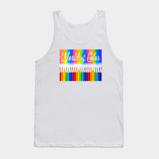 'World of Color' typography on a rainbow colored background above rainbow coloring crayons. Tank Top